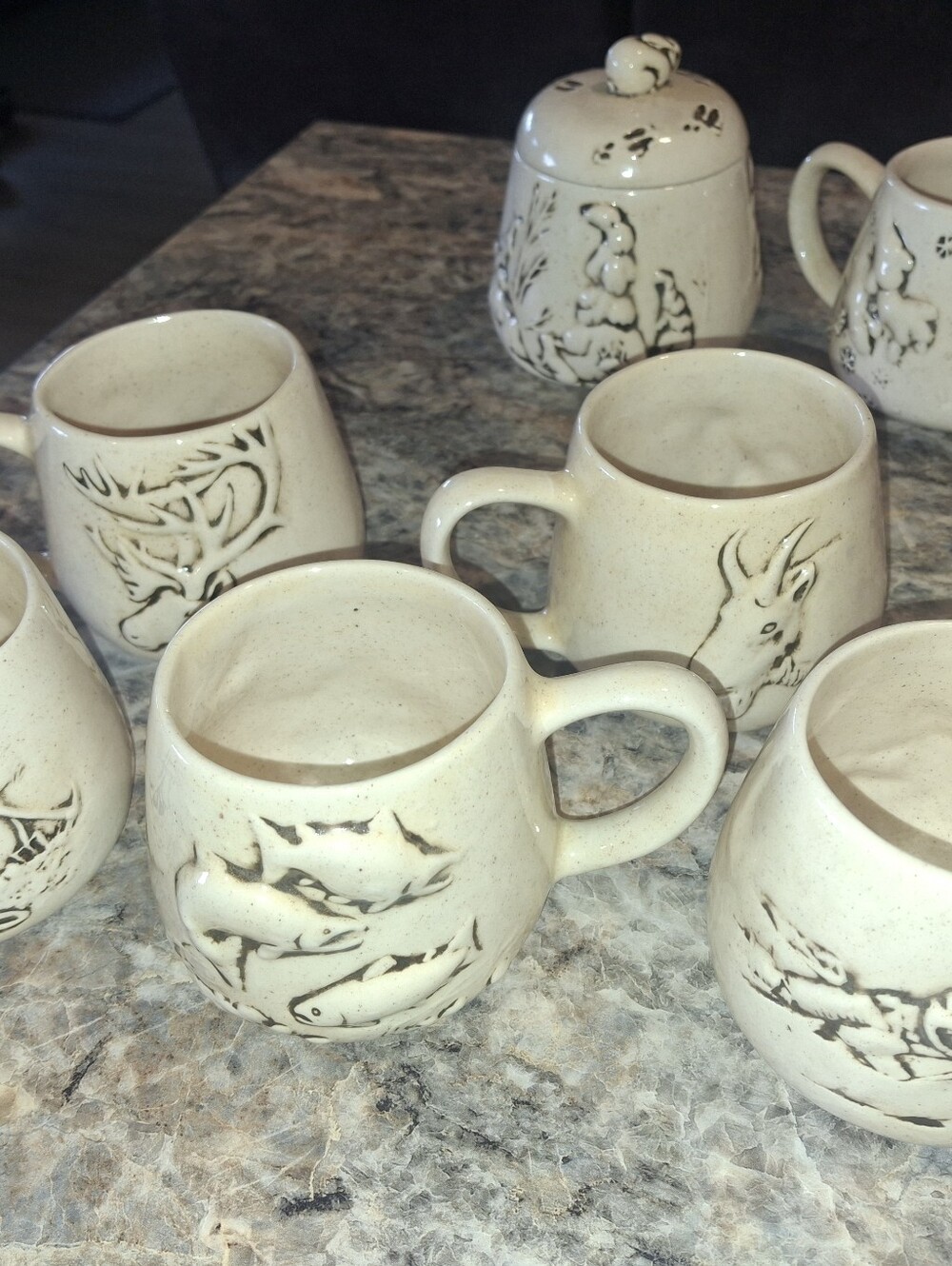 Rustic Cream Ceramic Mugs with Wildlife Relief - Set of Stoneware Cups